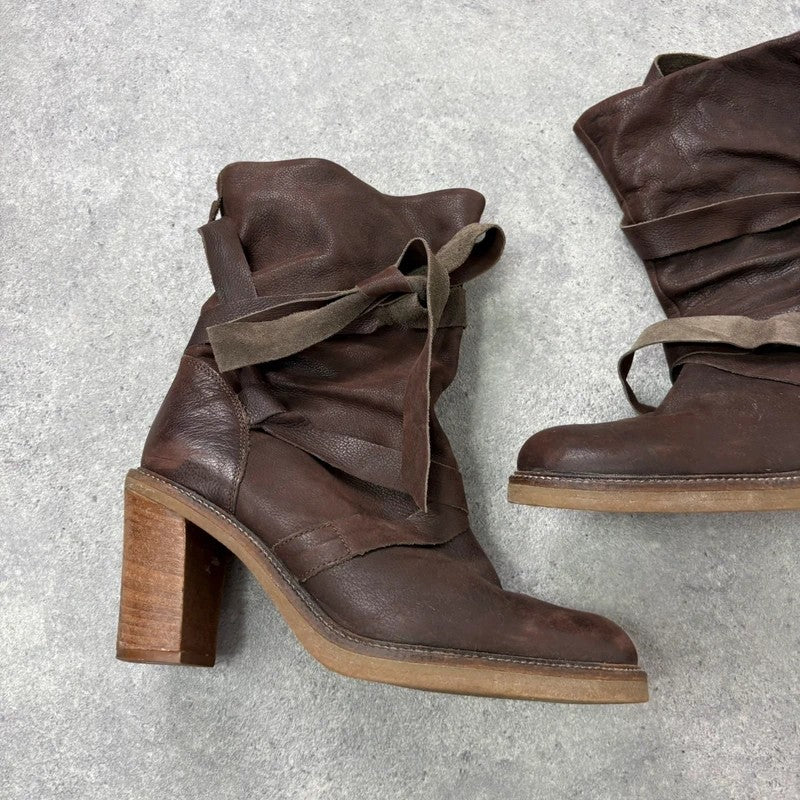 Chunky brown leather wrap around boots