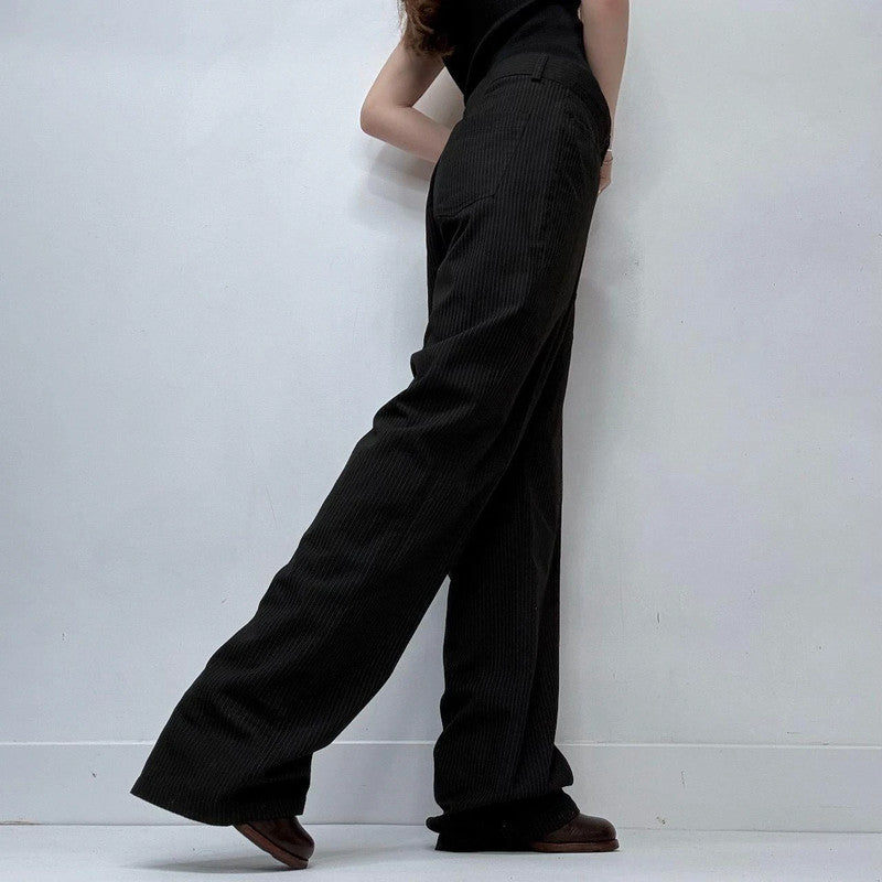 black pinstriped flared trousers