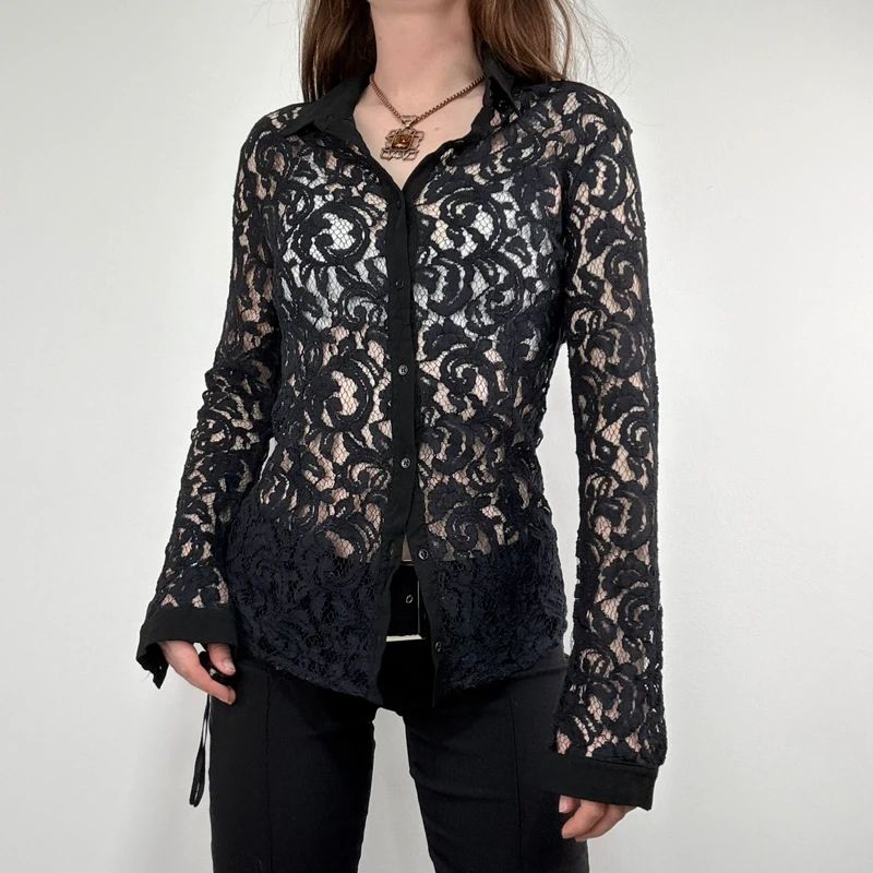 sheer navy lace fitted shirt