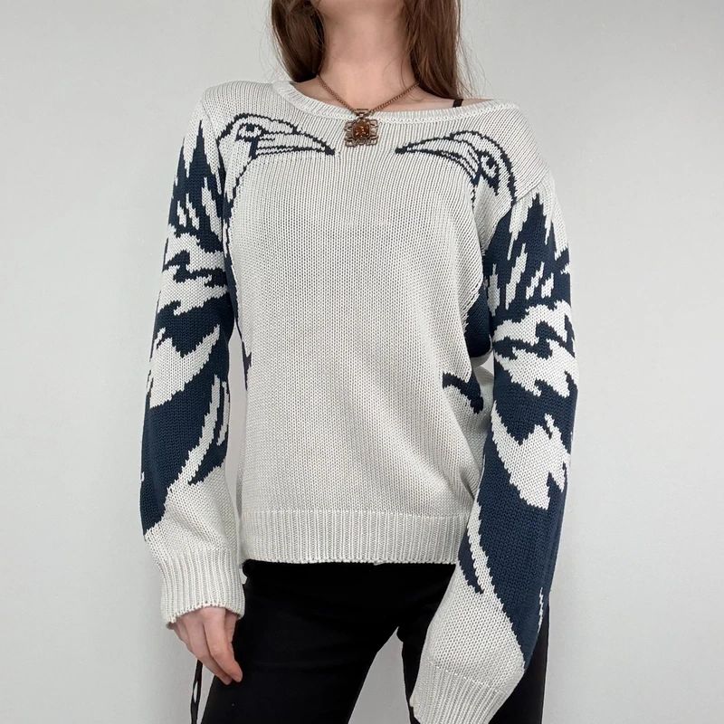 chunky knitted slouchy neck graphic jumper
