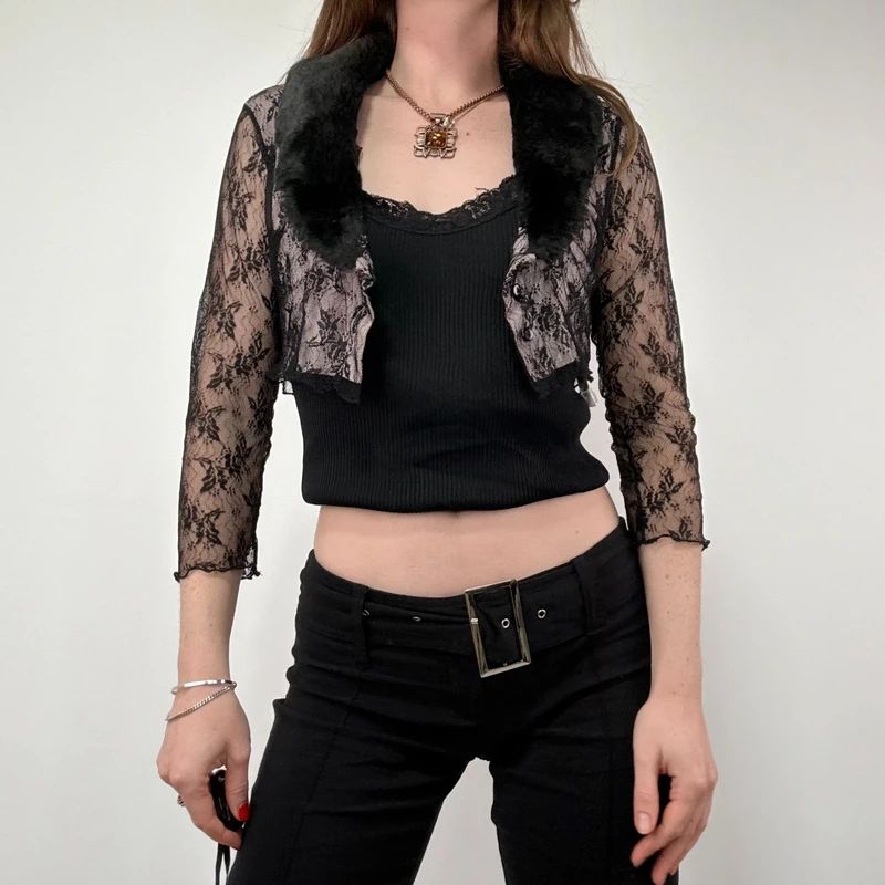 Lace Cropped Cardigan with Faux Fur Collar