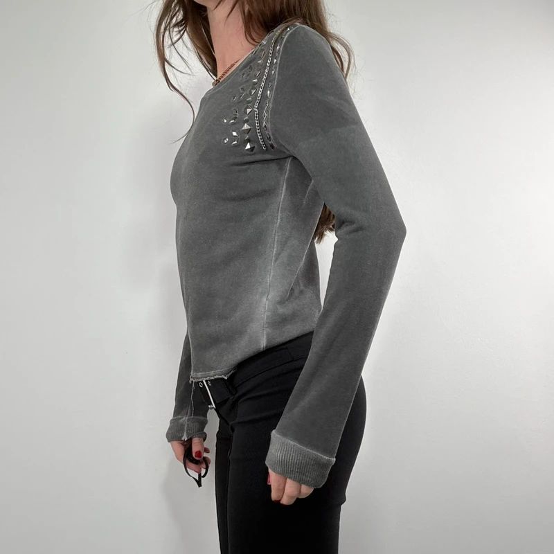 distressed cotton studded cropped sweatshirt