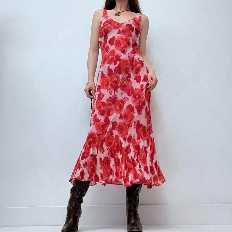 red floral rose silk bias cut maxi dress