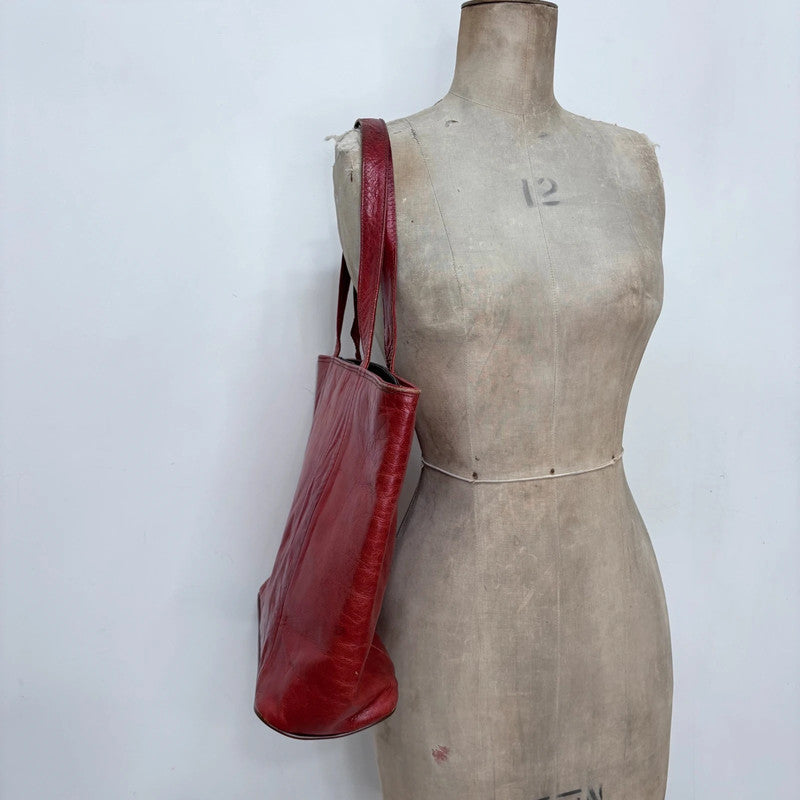 red leather tote bag
