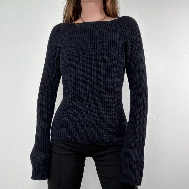 chunky navy knitted slash neck fisherman rib jumper
