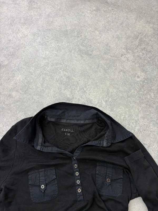 black long sleeve 1/4 button henley polo t-shirt