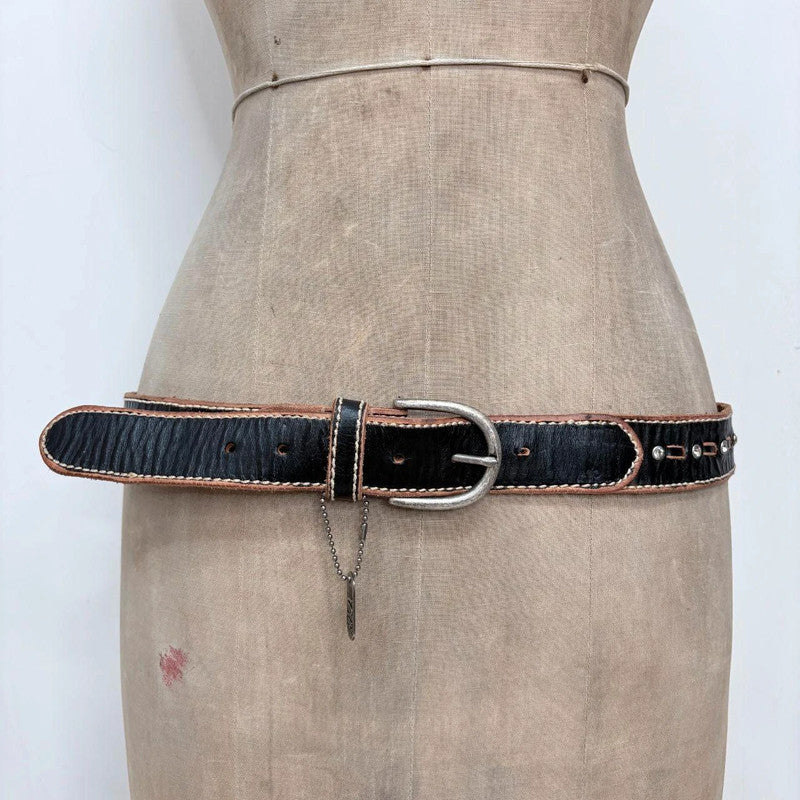 Studded leather black & tan stitch belt