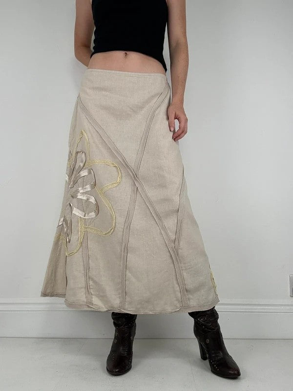 Beige linen flared flower ribbon skirt