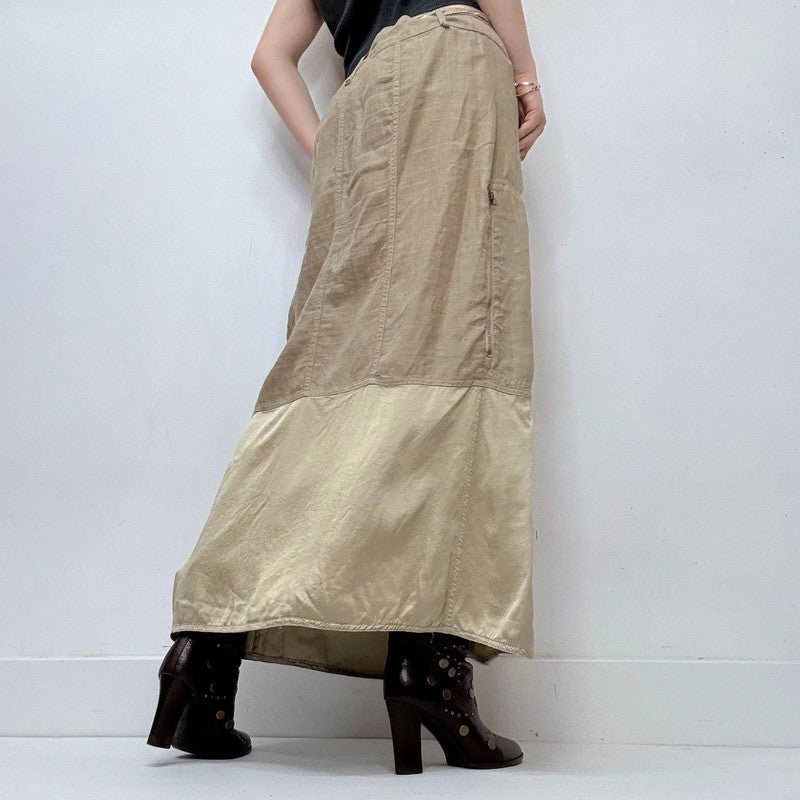 tan linen silk  a-line maxi skirt