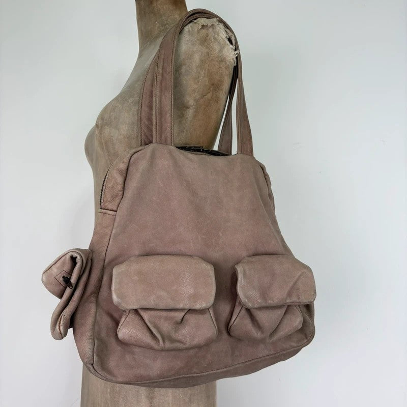 Dusty pink distressed leather cargo slouchy pocket bag