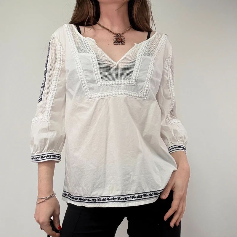 White Crochet Embroidered Cotton Blouse