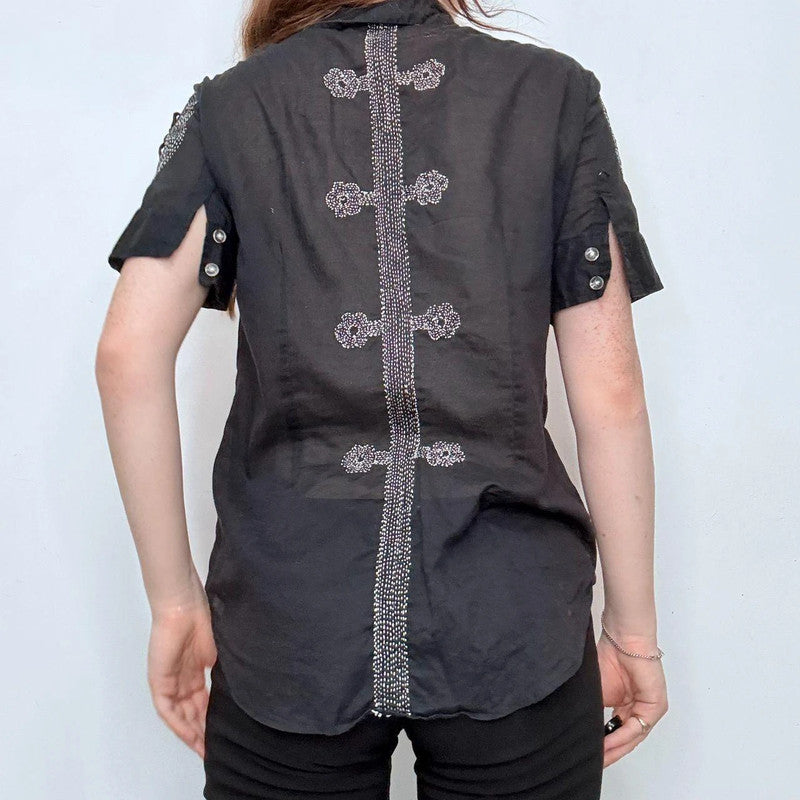 black embroidered stitched button shirt
