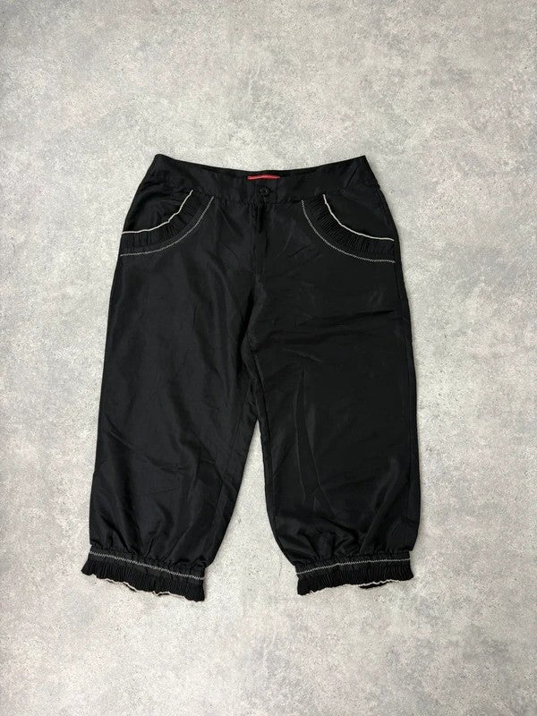 black capri pants pleated ruffle hem trousers