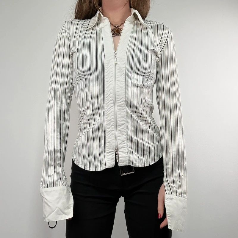zip through pinstripe fitted white shirt