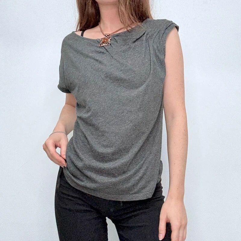 grey slouchy gathered pleated t-shirt top