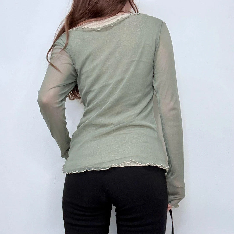 sheer layered khaki green slash neck long sleeve t-shirt
