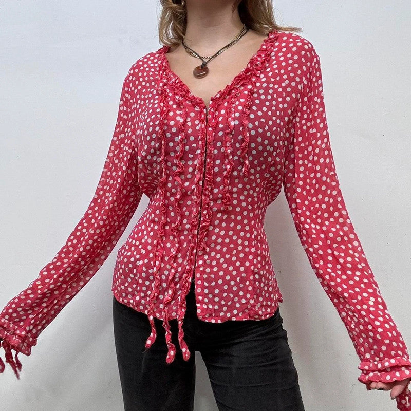 polka dot ruffle blouse
