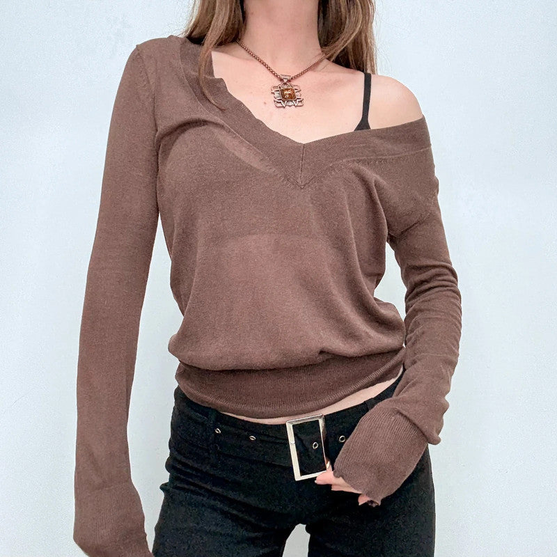 brown sheer knit slouchy off the shoulder jumper