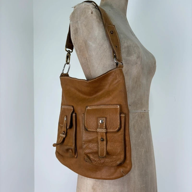 Soft light brown leather cargo boho bag