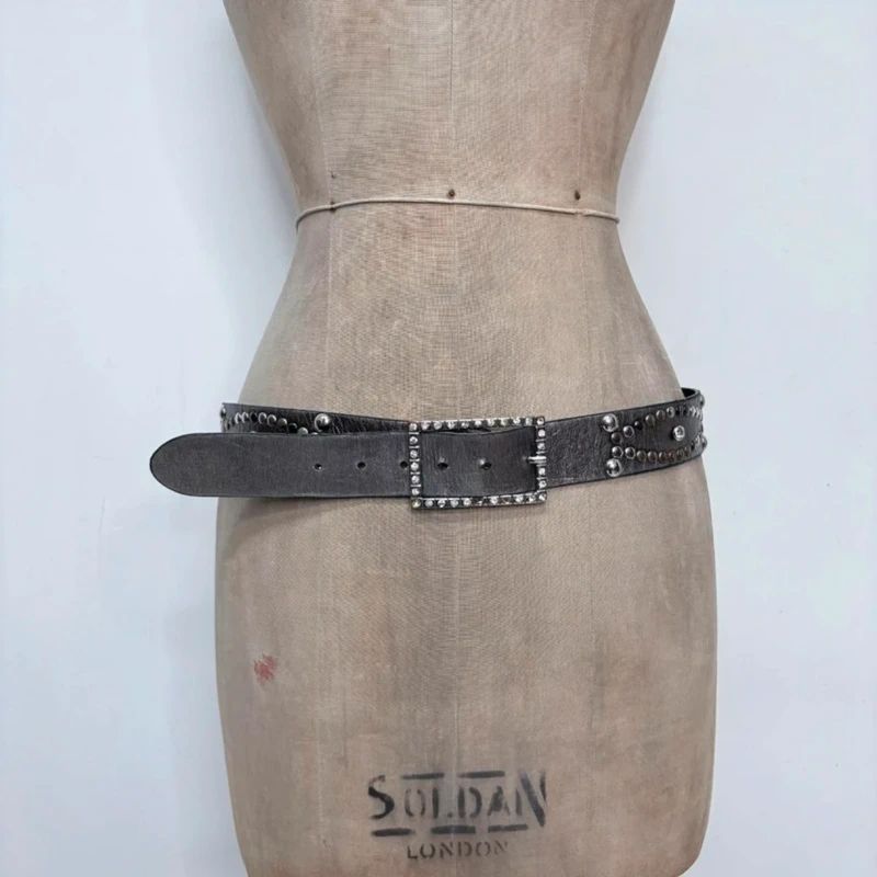 silver studded diamond leather belt
