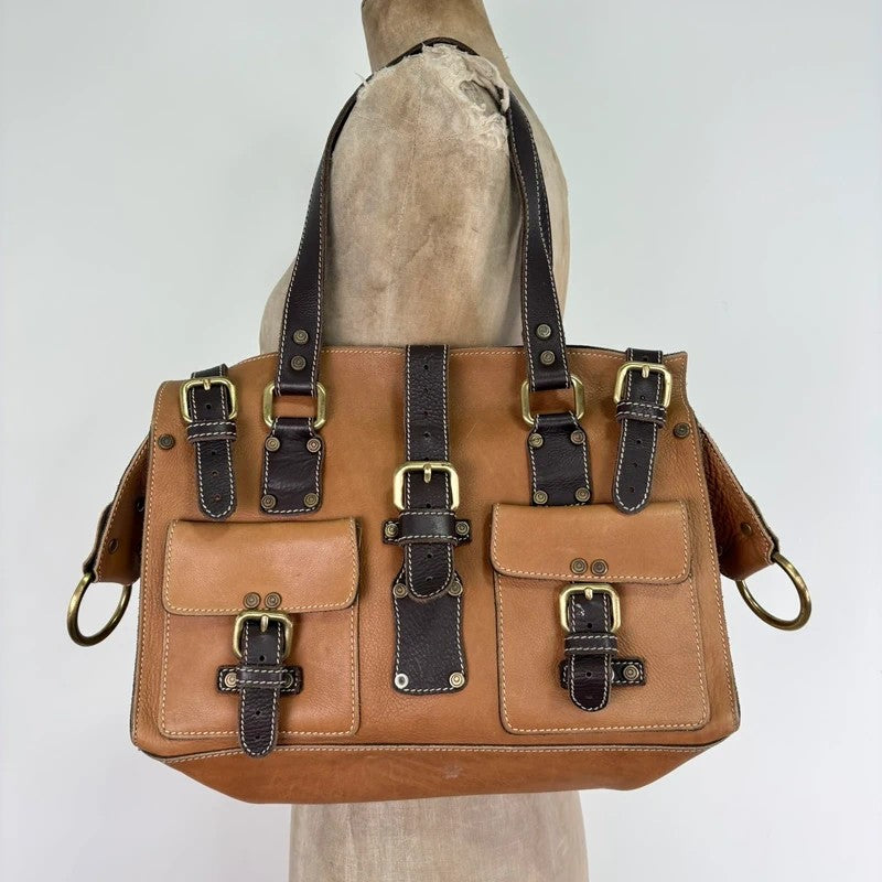 Tan leather Y2K buckle city handbag