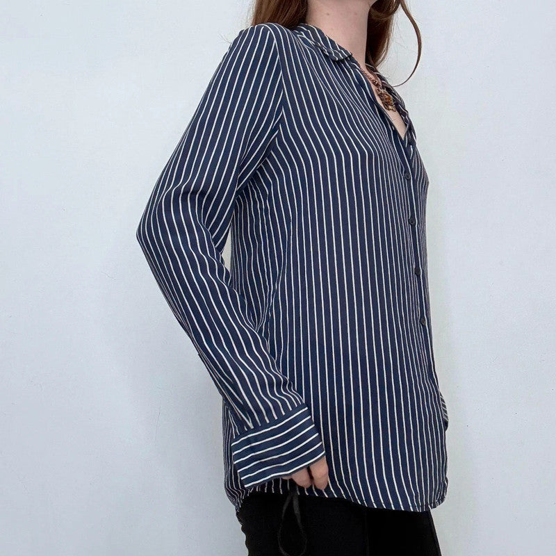 navy and white striped 100% silk shirt