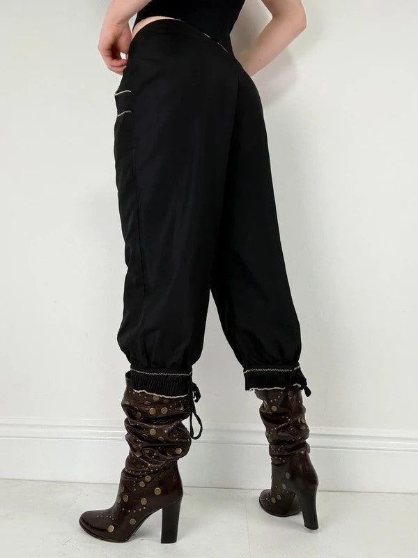 black capri pants pleated ruffle hem trousers