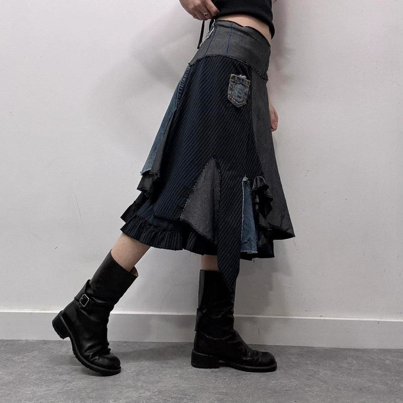 patchwork grunge fairy pinstripe midi skirt
