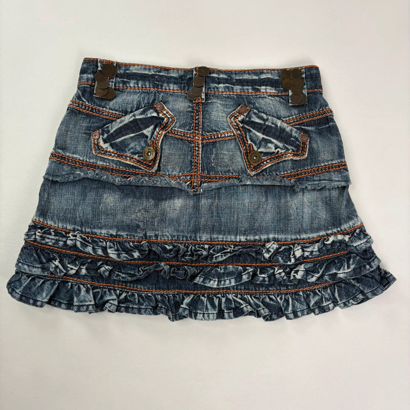distressed ruffle denim y2k mini skirt