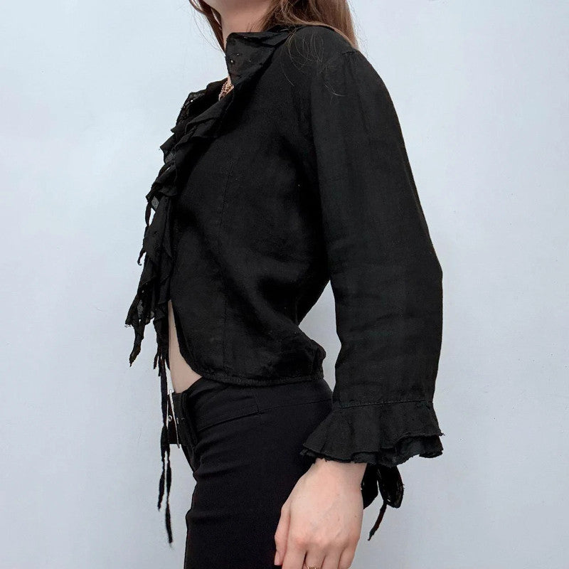 black ruffle linen flared tie up ruffle shirt
