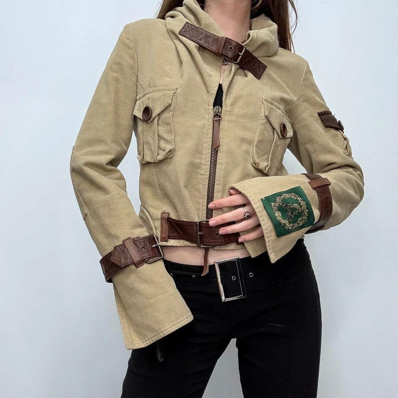 buckle belted flared cargo jacket