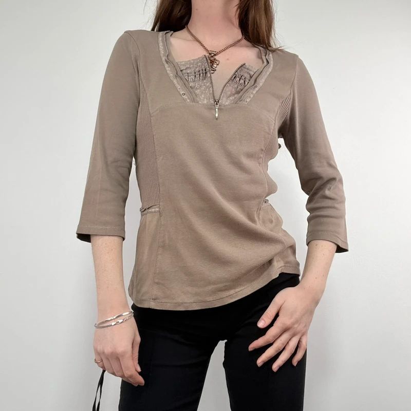 khaki cotton 3/4 length sleeve t-shirt