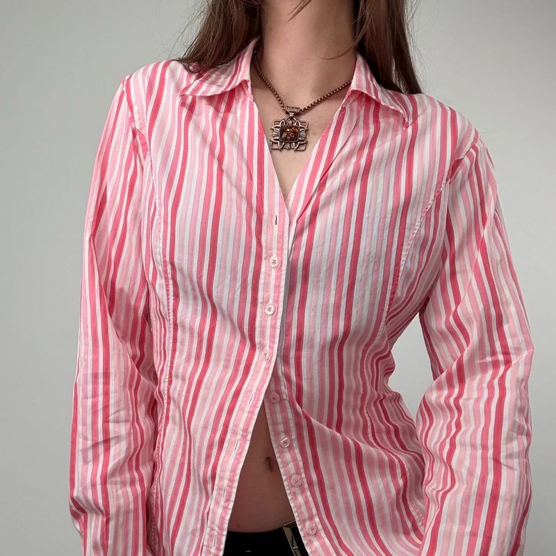 Pink Pinstripe Fitted Shirt with V-neck button style front.