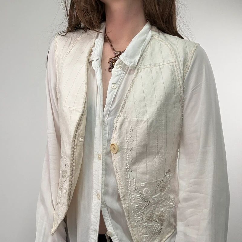 cream pinstripe Marithé + François Girbaud waistcoat vest