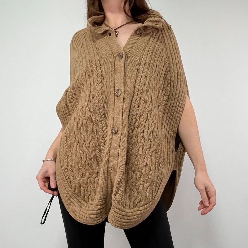 Tan Cable Knit Cape Cardigan