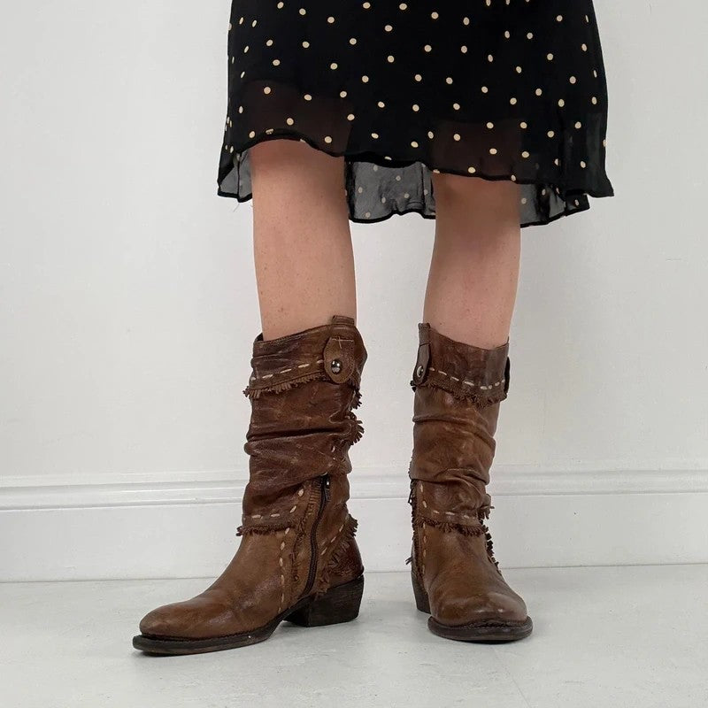 Brown leather slouchy western boots