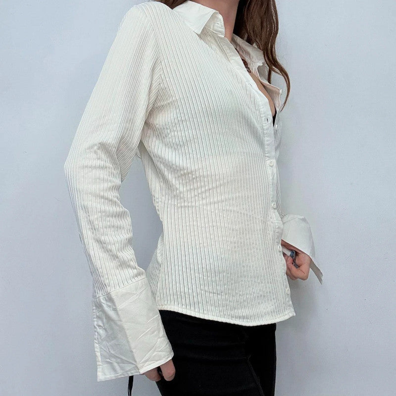 white pinstriped fitted stretch shirt