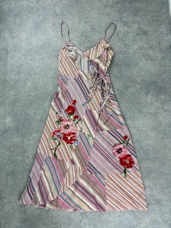 pink pinstripe flared ruffle maxi dress