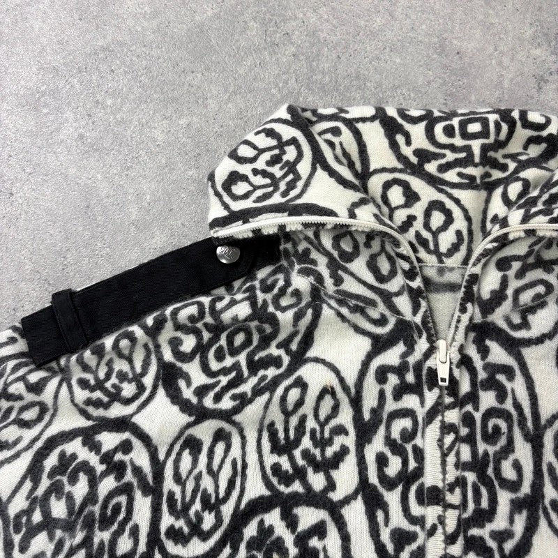 black and white slouchy patterned knit jumper, angora zip through funnel neck