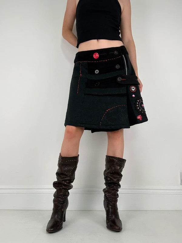 Flared black wool abstract button midi skirt