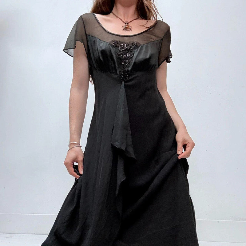 black flutter draped midi silk dress