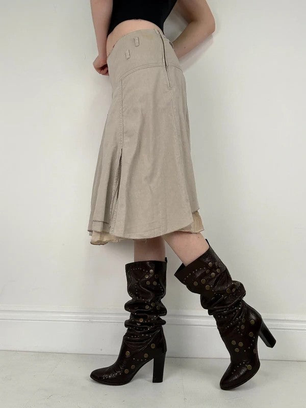 beige linen flared layered midi skirt