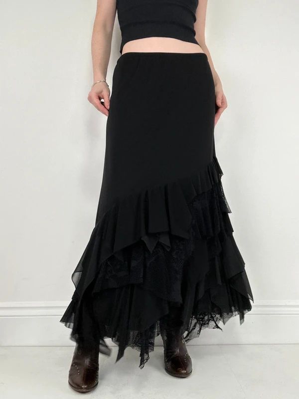 black ruffle grunge layered whimsygoth maxi skirt