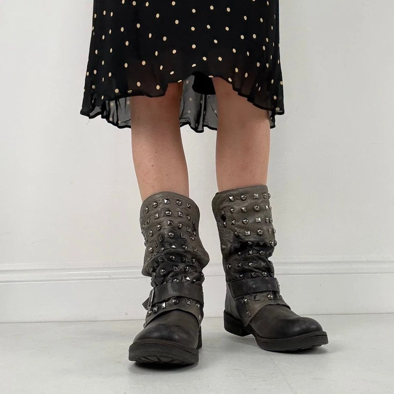 Grey studded slouchy leather boots