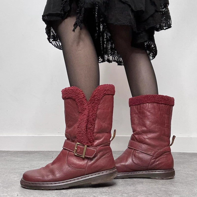 red leather chunky buckle boots