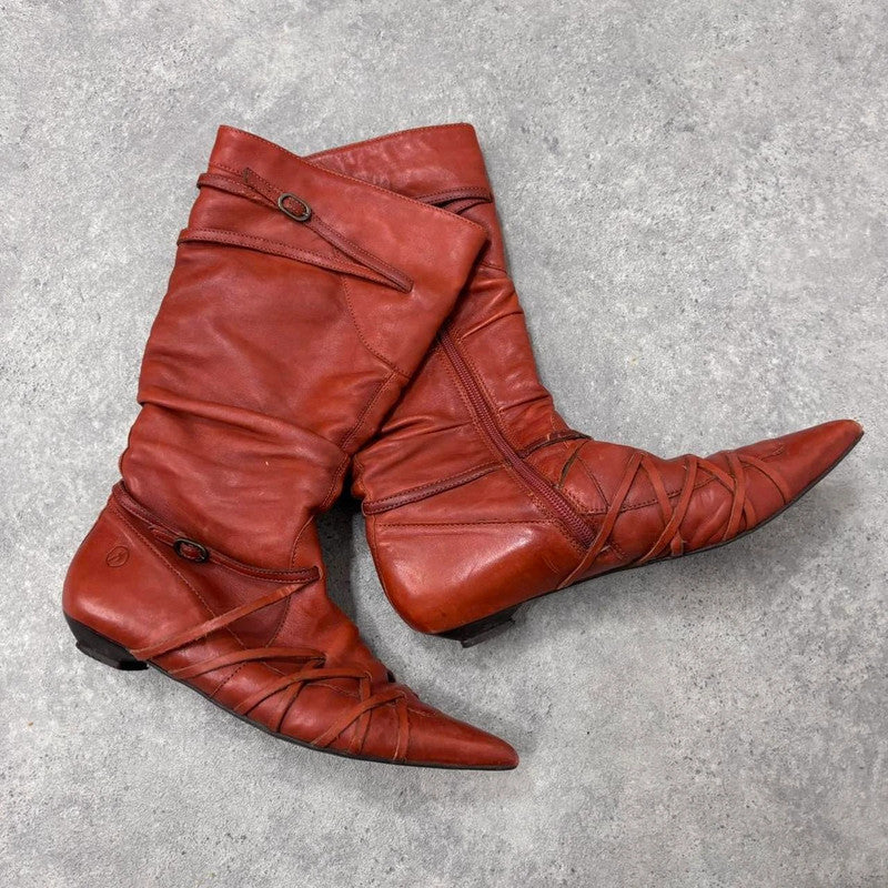 orange leather pointed pixie boots