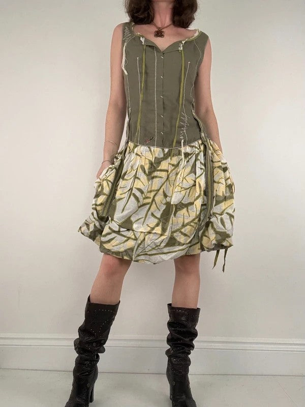 Cargo khaki patterned toggle midi puff dress