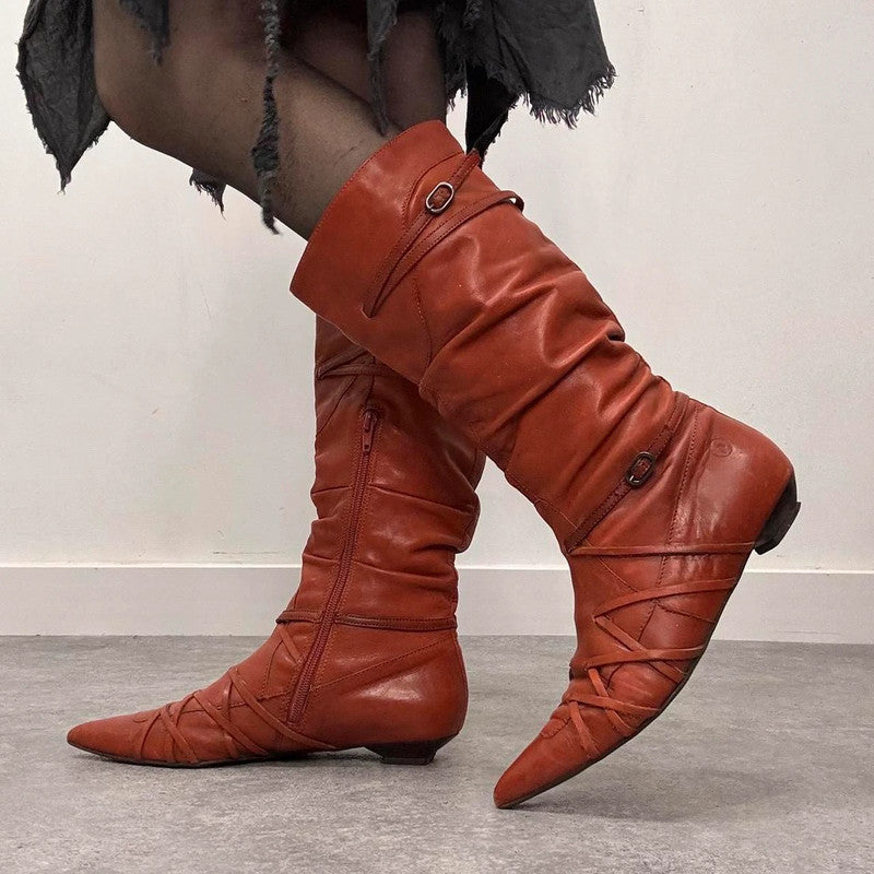 orange leather pointed pixie boots