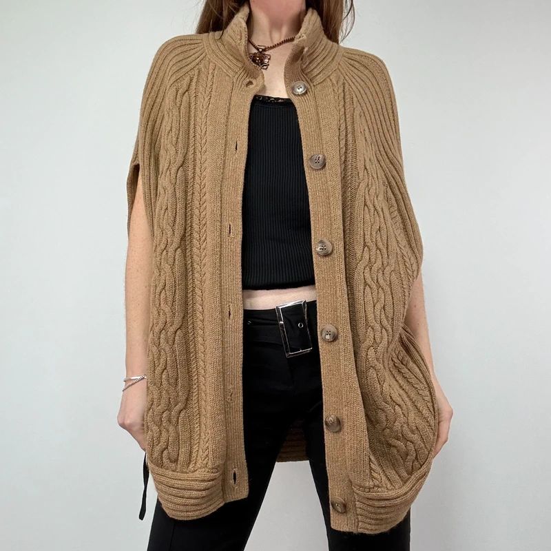 Tan Cable Knit Cape Cardigan