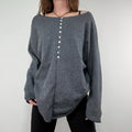 grey henley button detailed slouchy off the shoulder t-shirt